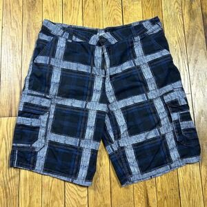 Y2K CARBON Mens Plaid Cargo Shorts SZ 38 Black Blue Gray Casual Utility Pockets